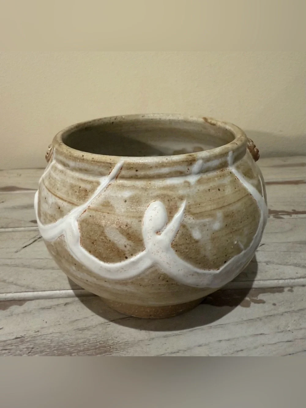 Vintage Studio Art Pottery Planter Handcrafted Tan Cream Ceramic Signed